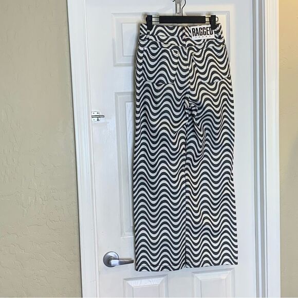 The Ragged Priest Wide Leg Dad Fit Black White Wave Print Jeans Size 24 - Picture 5 of 10